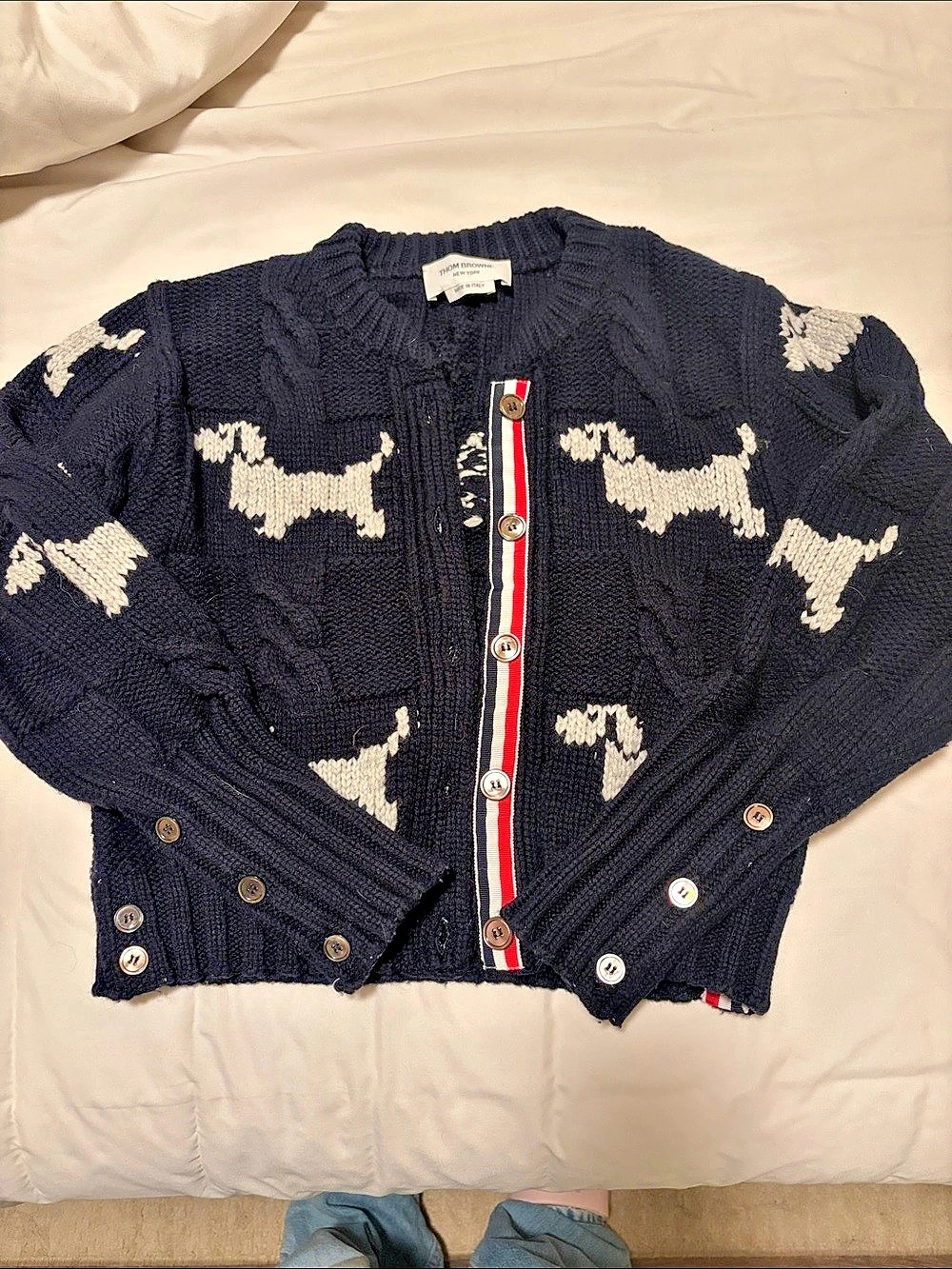 Thom Browne Donegal Hector Intarsia Patchwork Cardigan Navy & White Size 1